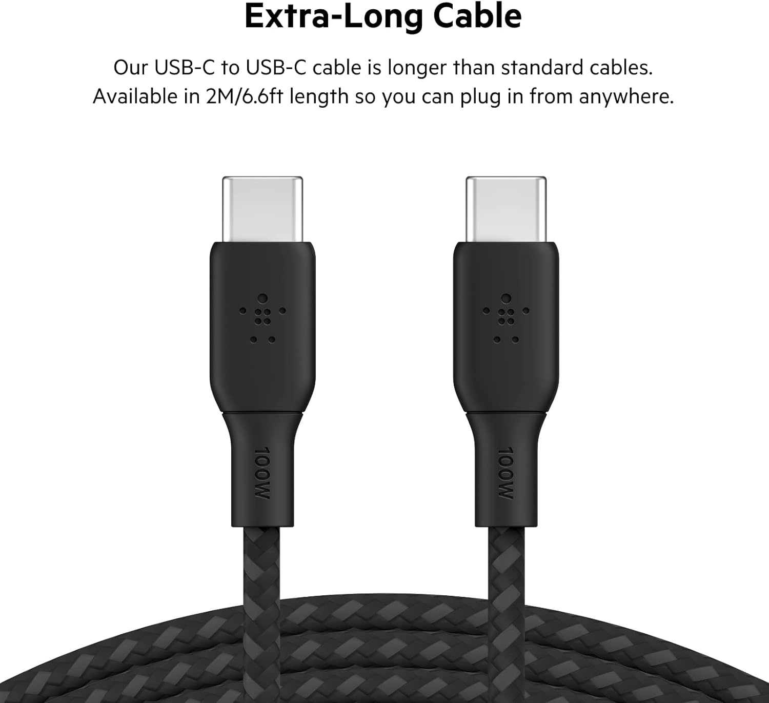 Belkin USB Type C to C Cable, 100W Power Delivery USB-IF Certified 2.0 USB C Charger Cable with Double Braided Nylon Exterior for iPhone 15, iPad, MacBook, Samsung Galaxy, Pixel and More -2 m, black