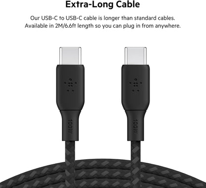 Belkin USB Type C to C Cable, 100W Power Delivery USB-IF Certified 2.0 USB C Charger Cable with Double Braided Nylon Exterior for iPhone 15, iPad, MacBook, Samsung Galaxy, Pixel and More -2 m, black