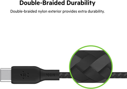 Belkin USB Type C to C Cable, 100W Power Delivery USB-IF Certified 2.0 USB C Charger Cable with Double Braided Nylon Exterior for iPhone 15, iPad, MacBook, Samsung Galaxy, Pixel and More -2 m, black