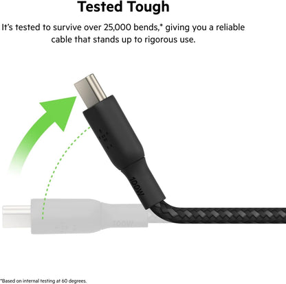 Belkin USB Type C to C Cable, 100W Power Delivery USB-IF Certified 2.0 USB C Charger Cable with Double Braided Nylon Exterior for iPhone 15, iPad, MacBook, Samsung Galaxy, Pixel and More -2 m, black