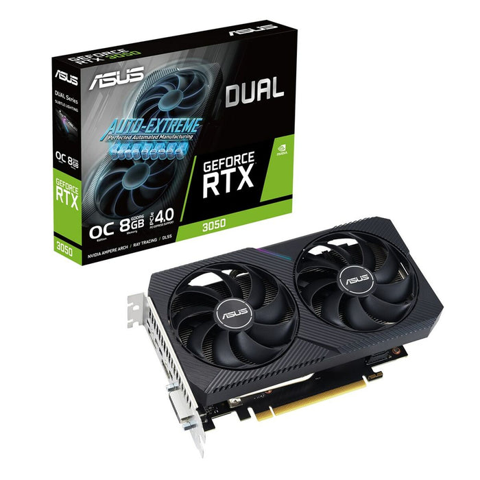 ASUS Dual NVIDIA GeForce RTX 3050 OC Edition Gaming Graphics Card (PCIe 4.0, 8GB GDDR6 memory, HDMI 2.1, DisplayPort 1.4a, 2-slot design, Axial-tech fan design, 0dB technology, and more