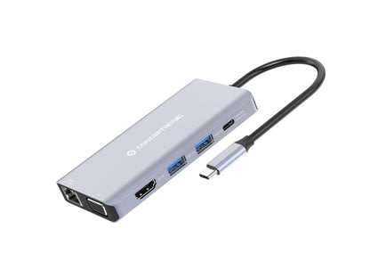 Conceptronic DONN20G 10-in-1 USB 3.2 Gen 1 Dockingstation, HDMI, VGA, USB-A 3.0, SD, TF/MicroSD, Audio, GbE LAN, 100W USB PD