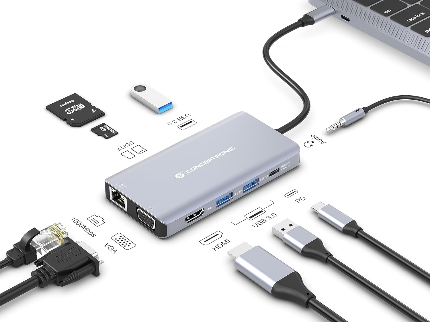Conceptronic DONN20G 10-in-1 USB 3.2 Gen 1 Dockingstation, HDMI, VGA, USB-A 3.0, SD, TF/MicroSD, Audio, GbE LAN, 100W USB PD