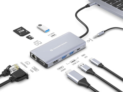 Conceptronic DONN20G 10-in-1 USB 3.2 Gen 1 Dockingstation, HDMI, VGA, USB-A 3.0, SD, TF/MicroSD, Audio, GbE LAN, 100W USB PD