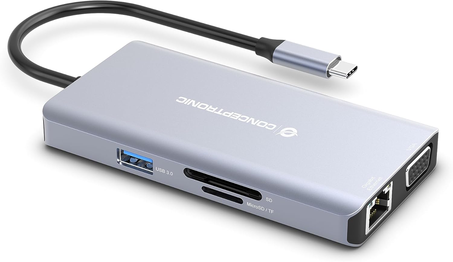 Conceptronic DONN20G 10-in-1 USB 3.2 Gen 1 Dockingstation, HDMI, VGA, USB-A 3.0, SD, TF/MicroSD, Audio, GbE LAN, 100W USB PD