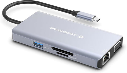 Conceptronic DONN20G 10-in-1 USB 3.2 Gen 1 Dockingstation, HDMI, VGA, USB-A 3.0, SD, TF/MicroSD, Audio, GbE LAN, 100W USB PD