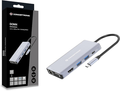 Conceptronic DONN20G 10-in-1 USB 3.2 Gen 1 Dockingstation, HDMI, VGA, USB-A 3.0, SD, TF/MicroSD, Audio, GbE LAN, 100W USB PD