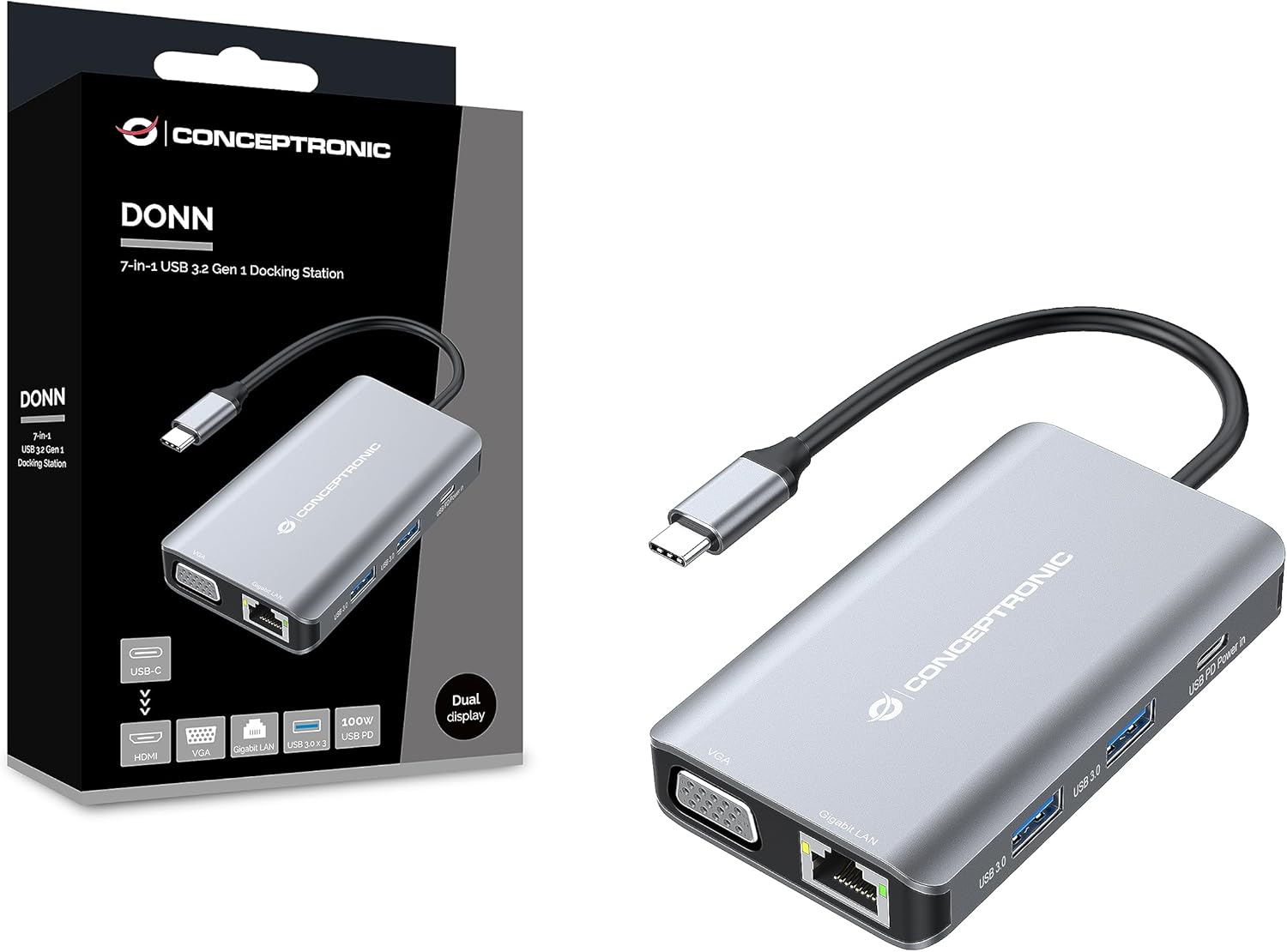 Conceptronic DONN21G 7-in-1 USB 3.2 Gen 1 Docking Station, HDMI, VGA, Gigabit Ethernet LAN, USB-A 3.0 x 3, 100W USB PD