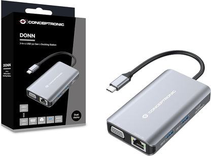 Conceptronic DONN21G 7-in-1 USB 3.2 Gen 1 Docking Station, HDMI, VGA, Gigabit Ethernet LAN, USB-A 3.0 x 3, 100W USB PD