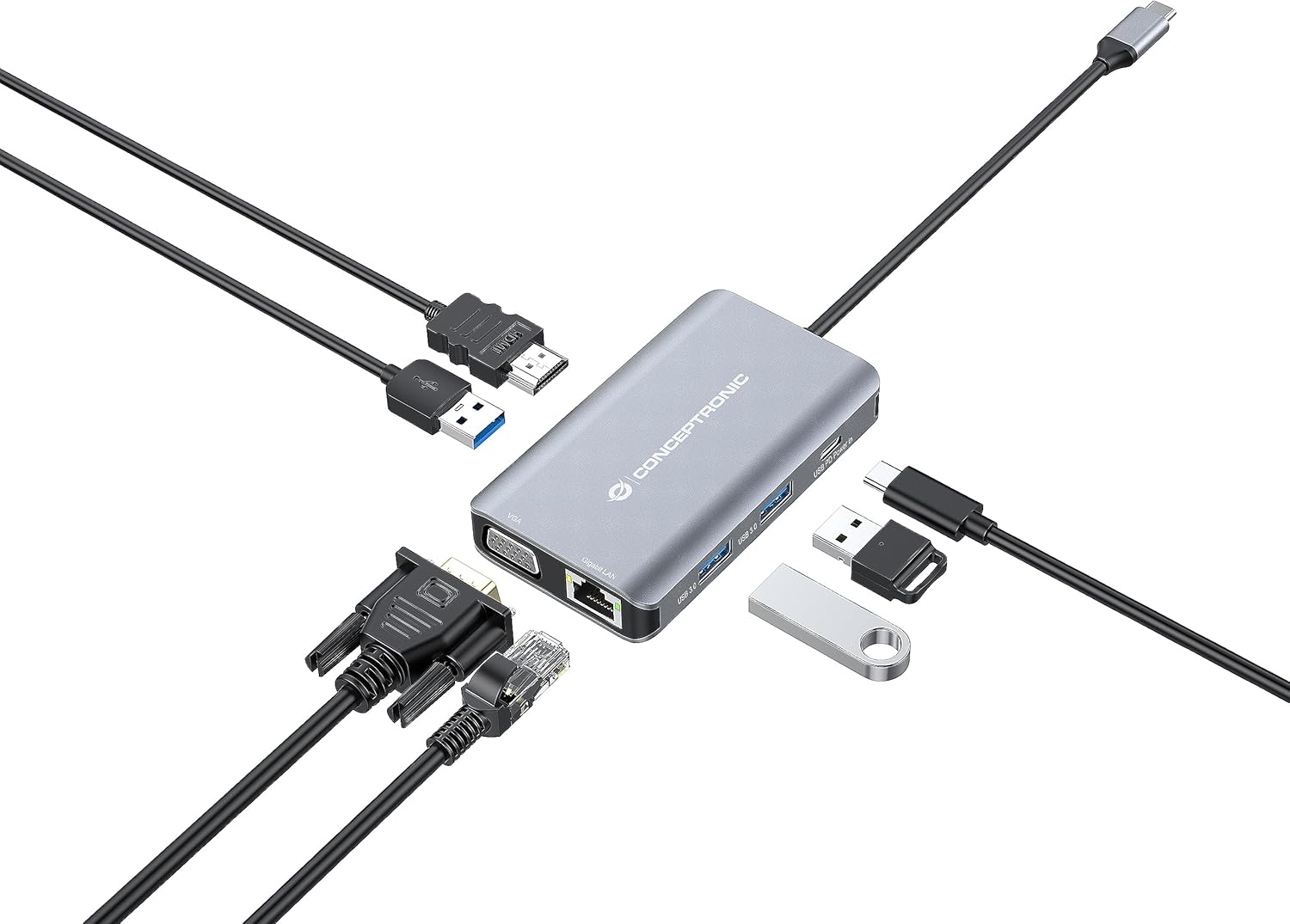 Conceptronic DONN21G 7-in-1 USB 3.2 Gen 1 Docking Station, HDMI, VGA, Gigabit Ethernet LAN, USB-A 3.0 x 3, 100W USB PD