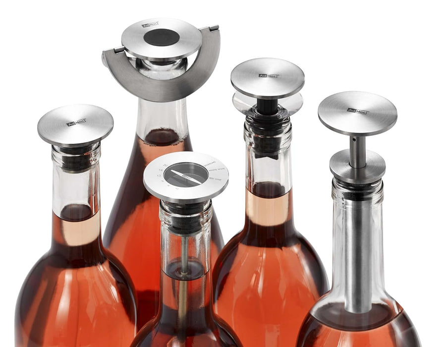 AdHoc FV41 CHAMP Wine Bottle Stopper | Stainless Steel/Silicone | Ultra flat, Airtight Seal, Wine Stopper | (H) 30 mm x (D) 45 mm | Silver/Black