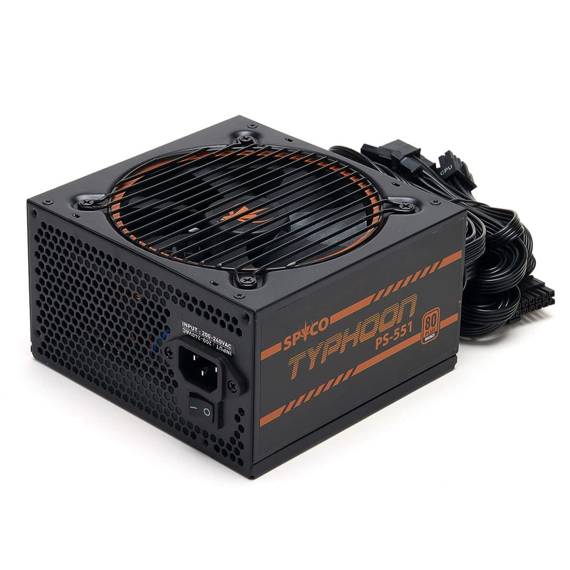SPYCO Typhoon PS-551, Gaming PSU 550, 80 PLUS Bronze, Non Modular, Low Noise, ATX Power Supply Unit, Super Silent Fan, Teapo Capacitors, Compact Size, 5 Years Warranty 550 W 80 Plus BRONZE