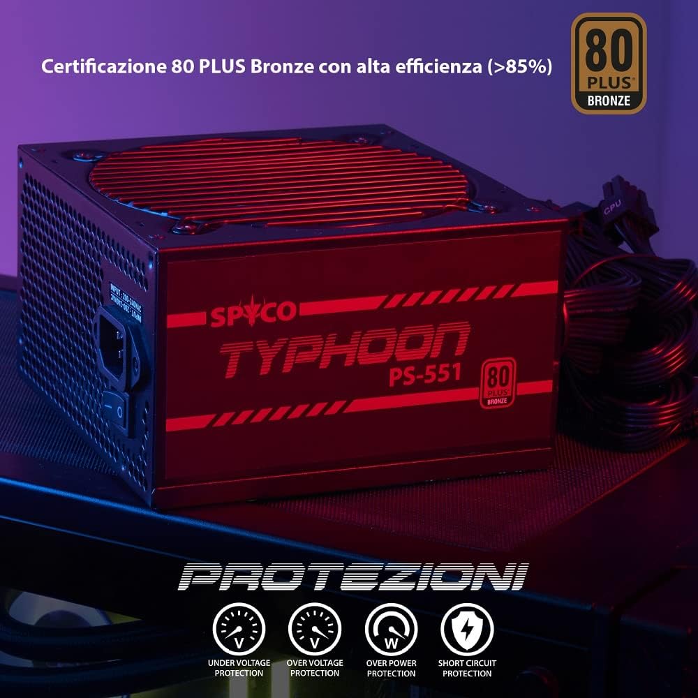 SPYCO Typhoon PS-551, Gaming PSU 550, 80 PLUS Bronze, Non Modular, Low Noise, ATX Power Supply Unit, Super Silent Fan, Teapo Capacitors, Compact Size, 5 Years Warranty 550 W 80 Plus BRONZE