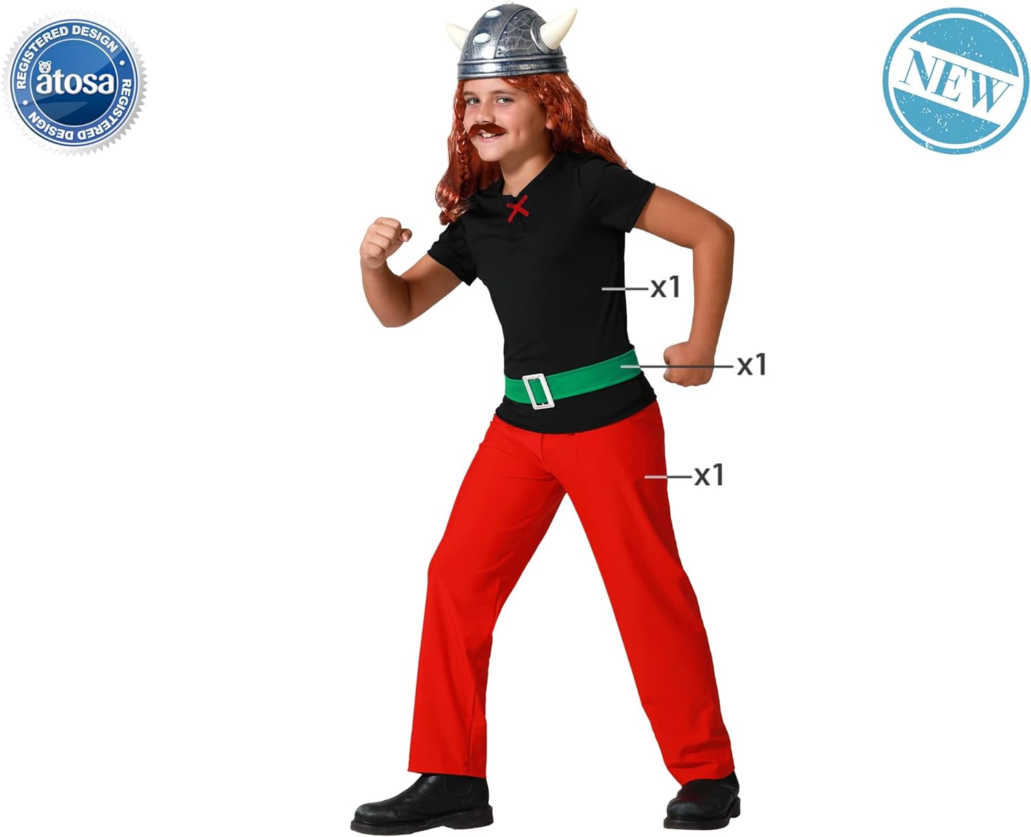 Atosa Asterix Children's Costume Asterix and Obelix Google Black Red Cosplay French Comic Character BD Party Stories Halloween Carnival 3 to 12 Years