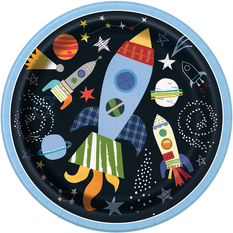 Unique 73265EU Eco-Friendly Paper Plates-23 cm-Outer Space Party-8 Count (Pack of 1), Multicolour