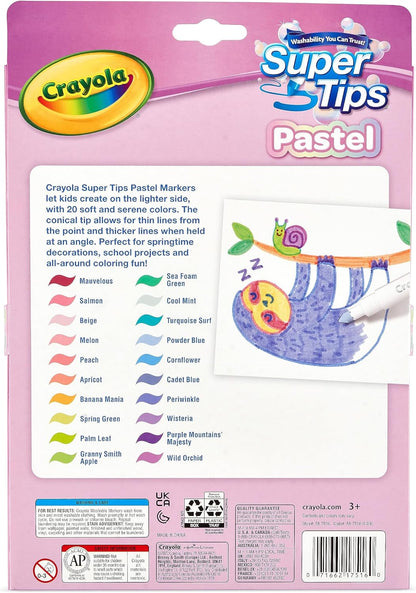 CRAYOLA Pastel SuperTips Washable Markers - Assorted Colours (Pack of 20) | Premium Felt Tip Pens That Can Easily Wash Off Skin and Clothing | For Ages 3+
