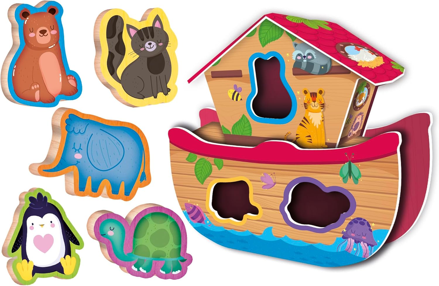 Liscianigiochi 96893 Wood Animal Fun, Montessori Baby-HOLZWÜRFELPUZZLE 3D Noahs Arche