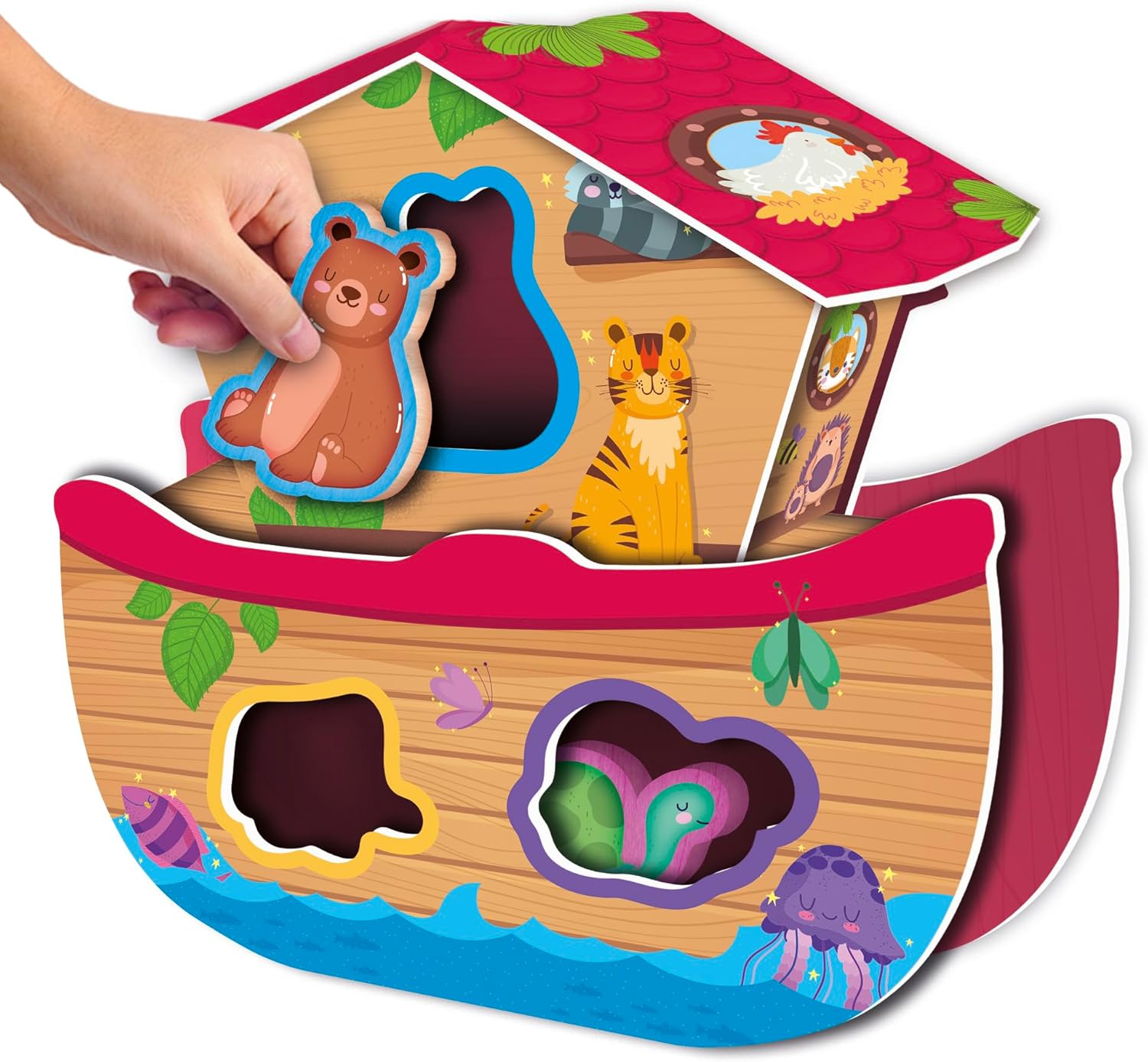 Liscianigiochi 96893 Wood Animal Fun, Montessori Baby-HOLZWÜRFELPUZZLE 3D Noahs Arche