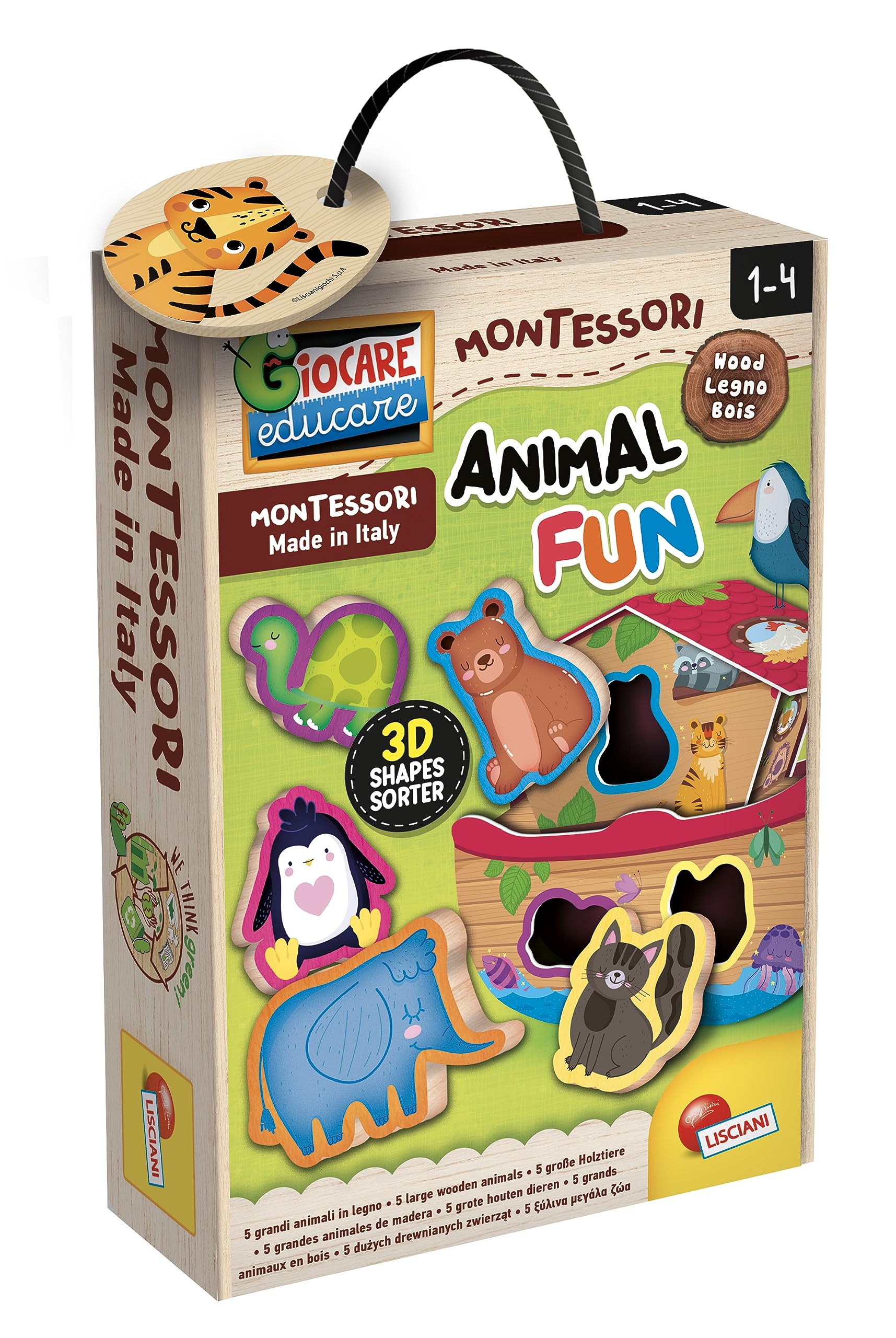 Liscianigiochi 96893 Wood Animal Fun, Montessori Baby-HOLZWÜRFELPUZZLE 3D Noahs Arche