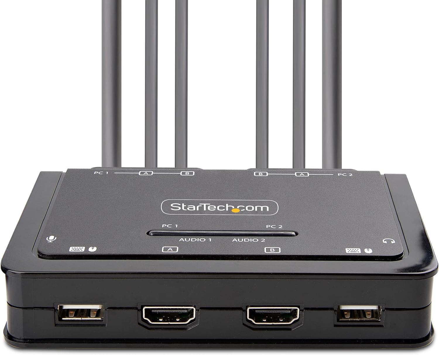 StarTech.com 2-Port Dual-Monitor HDMI Cable KVM Switch, 4K 60Hz, Compact KVM with 5ft/1.5m USB-A/HDMI/Audio Integrated Cables, Bus Powered, Remote/Hotkey Switching (C2-DH46-UA2-CBL-KVM