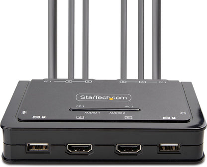 StarTech.com 2-Port Dual-Monitor HDMI Cable KVM Switch, 4K 60Hz, Compact KVM with 5ft/1.5m USB-A/HDMI/Audio Integrated Cables, Bus Powered, Remote/Hotkey Switching (C2-DH46-UA2-CBL-KVM