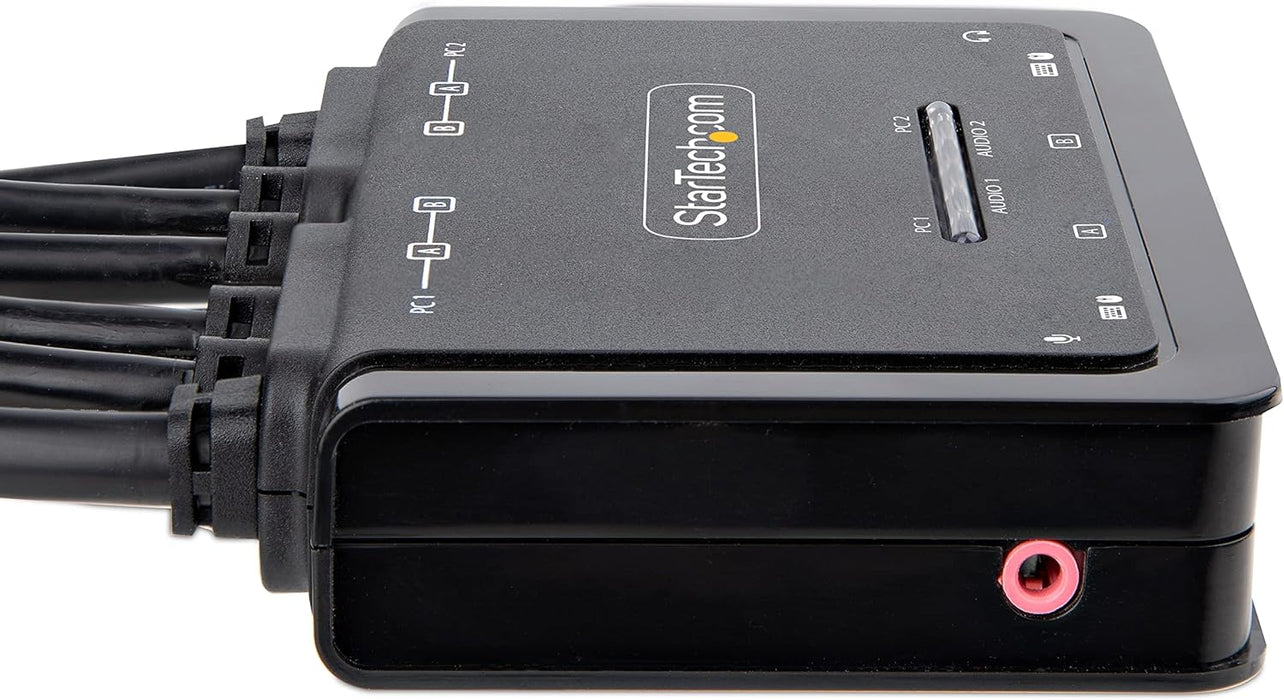 StarTech.com 2-Port Dual-Monitor HDMI Cable KVM Switch, 4K 60Hz, Compact KVM with 5ft/1.5m USB-A/HDMI/Audio Integrated Cables, Bus Powered, Remote/Hotkey Switching (C2-DH46-UA2-CBL-KVM