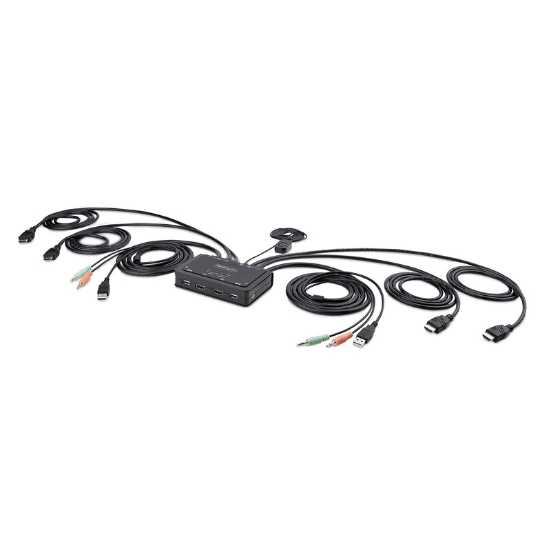 StarTech.com 2-Port Dual-Monitor HDMI Cable KVM Switch, 4K 60Hz, Compact KVM with 5ft/1.5m USB-A/HDMI/Audio Integrated Cables, Bus Powered, Remote/Hotkey Switching (C2-DH46-UA2-CBL-KVM