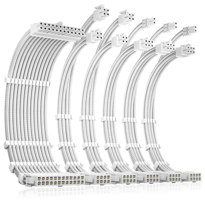 Antec Power Supply Sleeved Cable, PSU Extension Cable Kit / 1x24pin ATX / 2x8pin (4+4) EPS / 3x8pin (6+2) PCI-E, 30cm Length with Combs, Dual EPS White (White Connector) 6 Packs (White Connector) White (3080 Series)