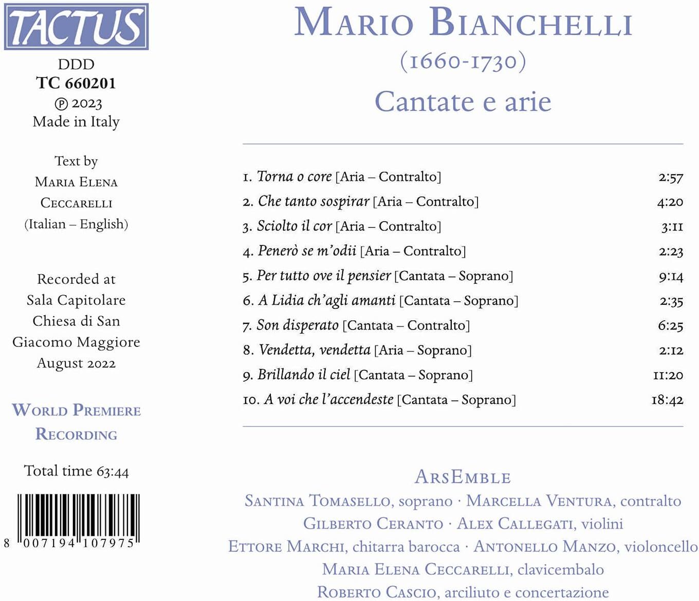 Mario Bianchelli: Cantate E Arie