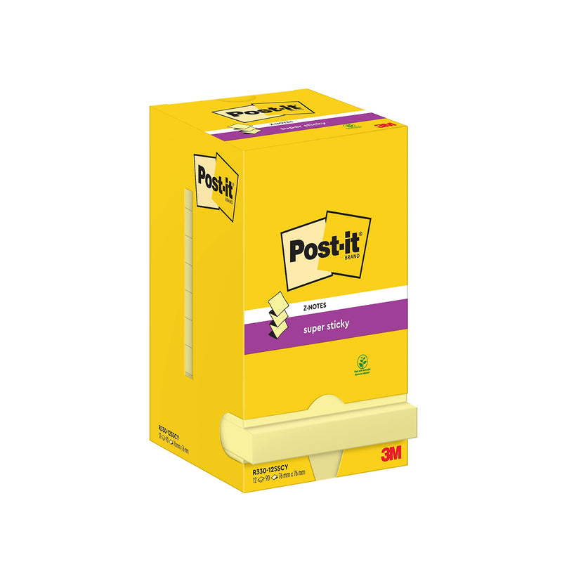 Post-it Super Sticky Z-Notes Canary Yellow, Pack of 12 Pads, 90 Sheets per Pad, 76 mm x 76 mm - Extra Sticky Notes For Note Taking, To Do Lists & Reminders