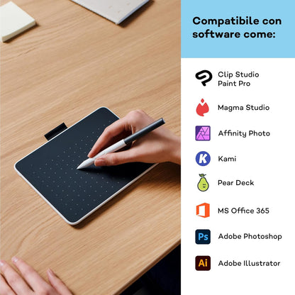 Tavoletta con penna Wacom One S inclusa penna EMR senza batteria, connessione Bluetooth, per Windows, Mac, Chromebook e Android. Ideale per creativi principianti, per il disegno in digitale