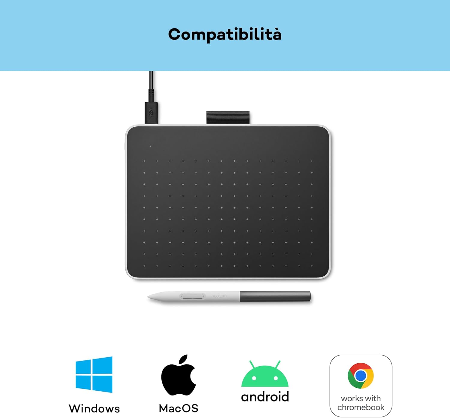 Tavoletta con penna Wacom One S inclusa penna EMR senza batteria, connessione Bluetooth, per Windows, Mac, Chromebook e Android. Ideale per creativi principianti, per il disegno in digitale