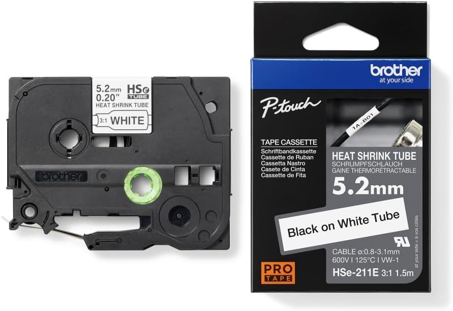 Brother Genuine Pro Tape HSe-211E Heat Shrink Tubing - Black on White, 5.2mm Wide, 1.5m Long