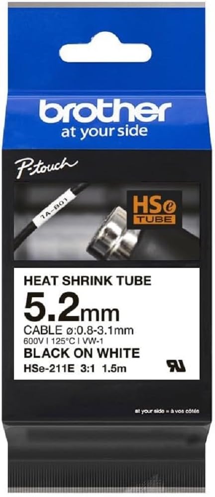 Brother Genuine Pro Tape HSe-211E Heat Shrink Tubing - Black on White, 5.2mm Wide, 1.5m Long