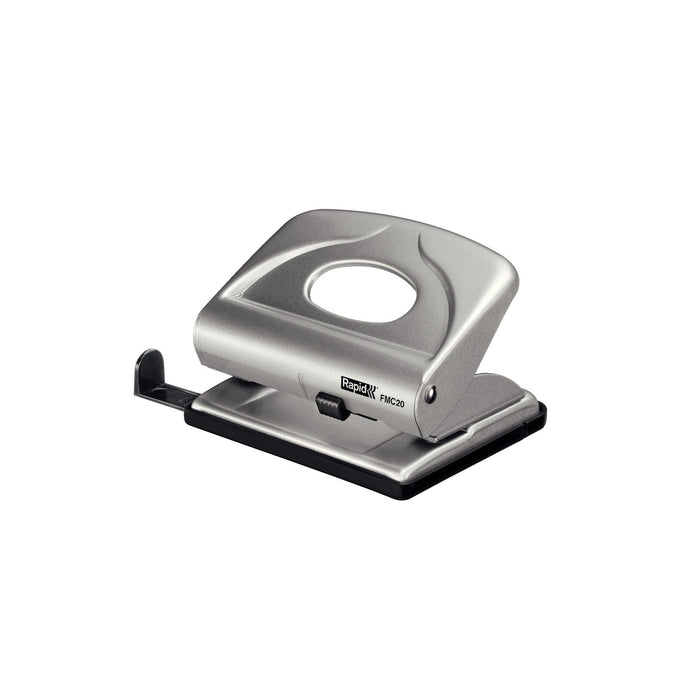 Rapid FMC20 2 Hole Punch, Punches up to 20 Sheets, Adjustable Guide Bar, Metal, Silver, 21835402 Brilliant Silver 20 Sheets