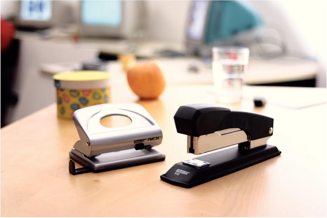 Rapid FMC20 2 Hole Punch, Punches up to 20 Sheets, Adjustable Guide Bar, Metal, Silver, 21835402 Brilliant Silver 20 Sheets