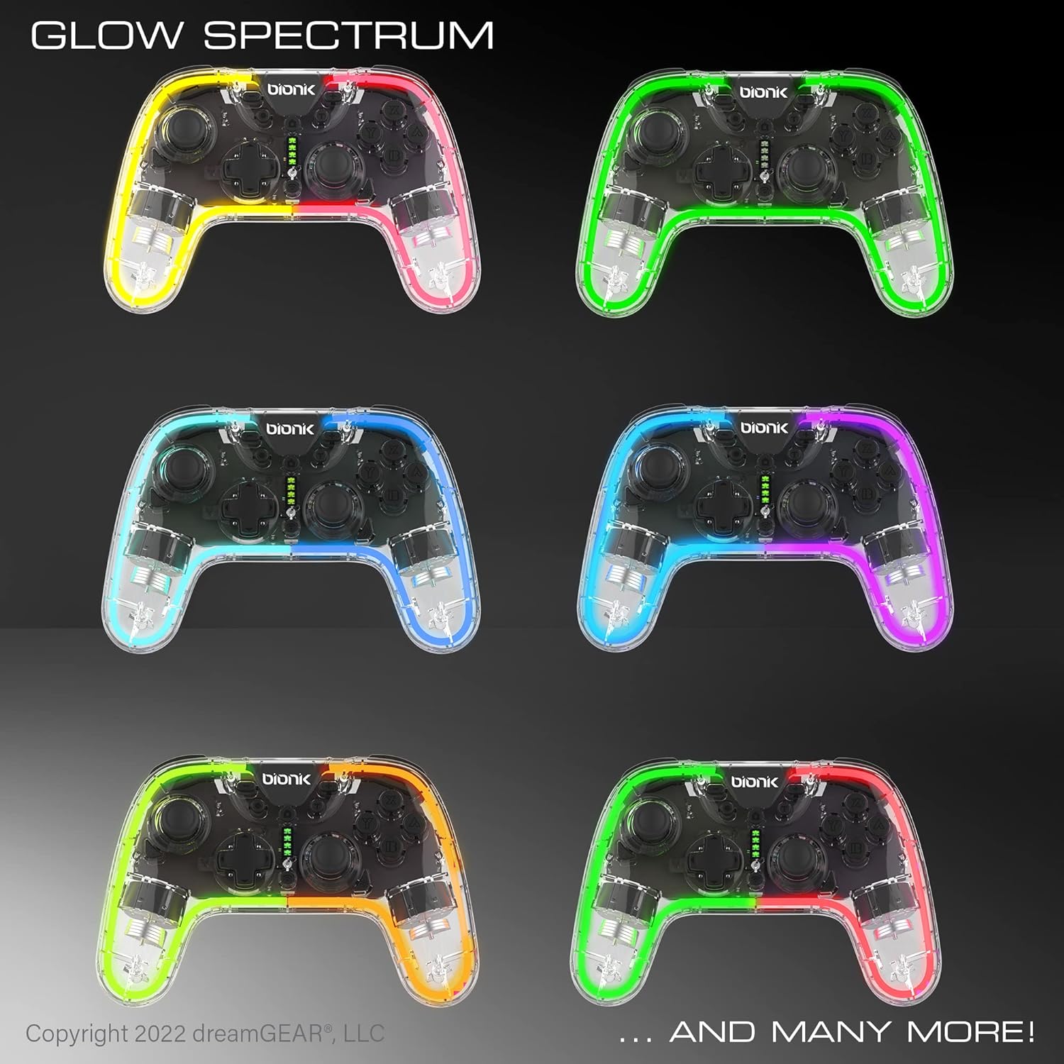 Bionik NeoGlow: Wireless RGB Gaming Controller with Motion for Nintendo Switch, 900 mAh Rechargeable Battery, Turbo Mode/Gyroscope/Transparent Shell/PC/Android