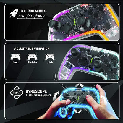 Bionik NeoGlow: Wireless RGB Gaming Controller with Motion for Nintendo Switch, 900 mAh Rechargeable Battery, Turbo Mode/Gyroscope/Transparent Shell/PC/Android