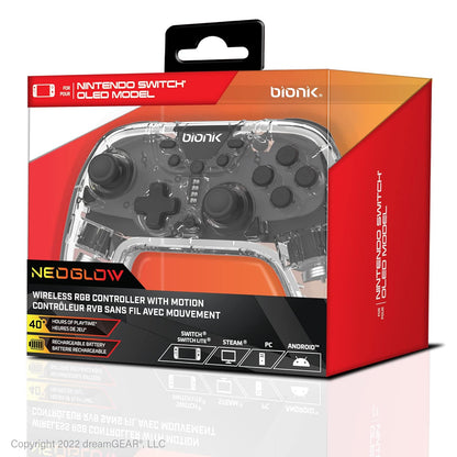 Bionik NeoGlow: Wireless RGB Gaming Controller with Motion for Nintendo Switch, 900 mAh Rechargeable Battery, Turbo Mode/Gyroscope/Transparent Shell/PC/Android