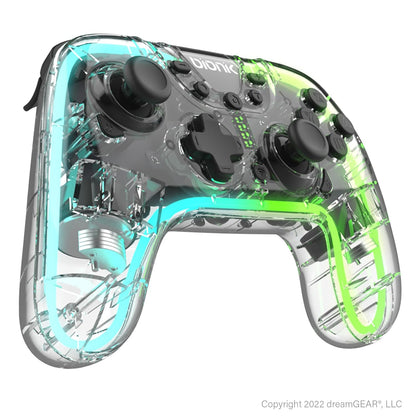 Bionik NeoGlow: Wireless RGB Gaming Controller with Motion for Nintendo Switch, 900 mAh Rechargeable Battery, Turbo Mode/Gyroscope/Transparent Shell/PC/Android
