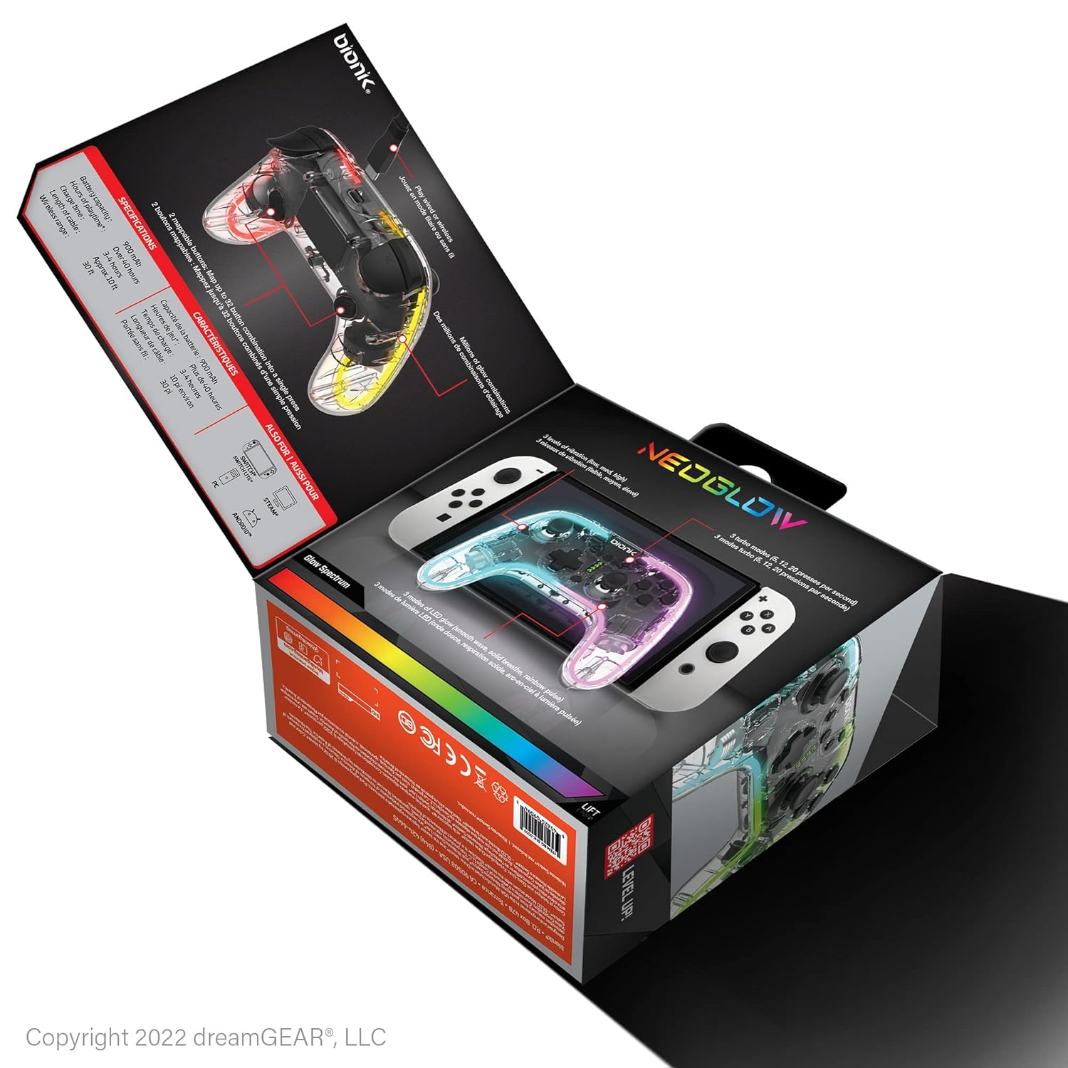 Bionik NeoGlow: Wireless RGB Gaming Controller with Motion for Nintendo Switch, 900 mAh Rechargeable Battery, Turbo Mode/Gyroscope/Transparent Shell/PC/Android