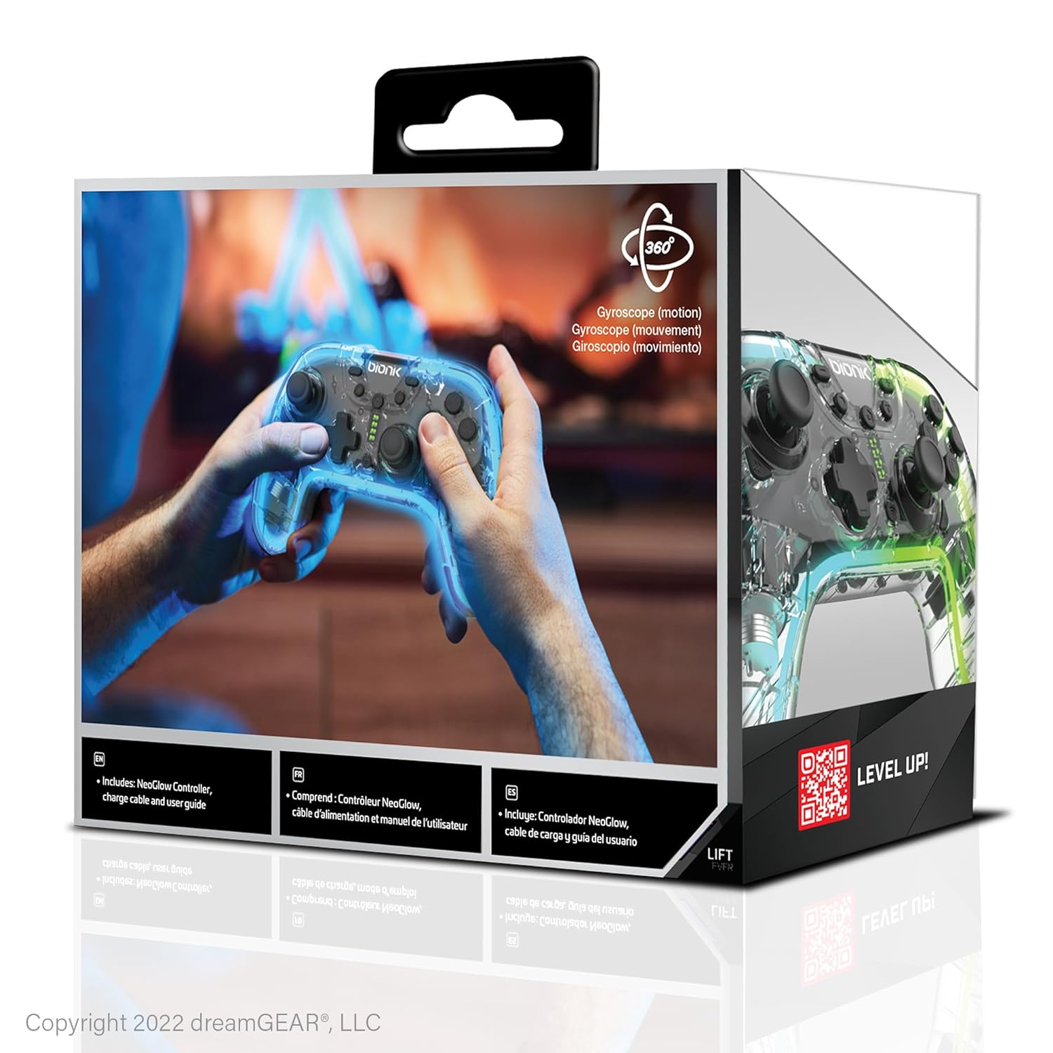 Bionik NeoGlow: Wireless RGB Gaming Controller with Motion for Nintendo Switch, 900 mAh Rechargeable Battery, Turbo Mode/Gyroscope/Transparent Shell/PC/Android