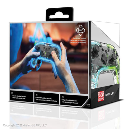 Bionik NeoGlow: Wireless RGB Gaming Controller with Motion for Nintendo Switch, 900 mAh Rechargeable Battery, Turbo Mode/Gyroscope/Transparent Shell/PC/Android