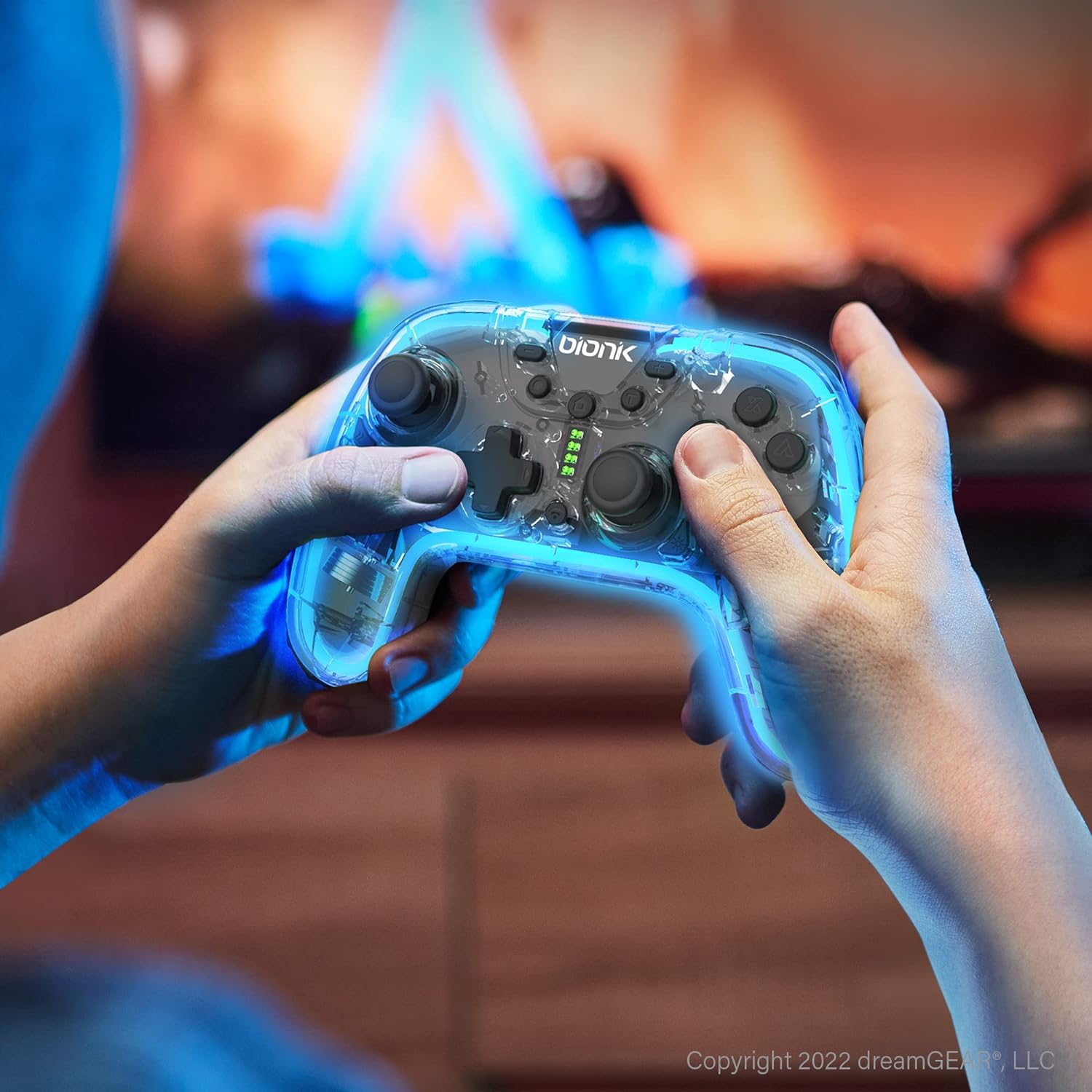 Bionik NeoGlow: Wireless RGB Gaming Controller with Motion for Nintendo Switch, 900 mAh Rechargeable Battery, Turbo Mode/Gyroscope/Transparent Shell/PC/Android