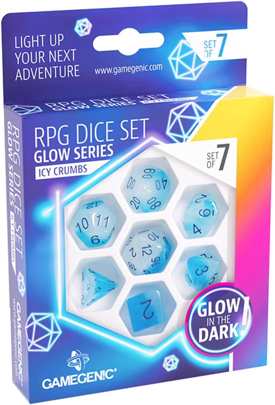 Glow Series ICY Crumbs RPG Dice Set | Set of 7 Glow-in-The-Dark Dice in a Variety of Sizes Designed for Roleplaying Games | Premium Quality Resin Dice | Vibrant Blue Color | Made by Gamegenic