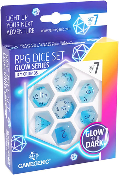 Glow Series ICY Crumbs RPG Dice Set | Set of 7 Glow-in-The-Dark Dice in a Variety of Sizes Designed for Roleplaying Games | Premium Quality Resin Dice | Vibrant Blue Color | Made by Gamegenic