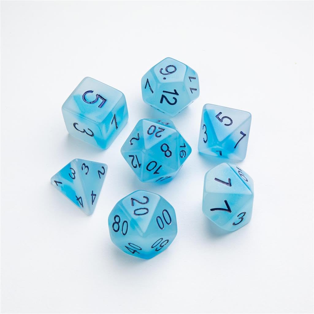 Glow Series ICY Crumbs RPG Dice Set | Set of 7 Glow-in-The-Dark Dice in a Variety of Sizes Designed for Roleplaying Games | Premium Quality Resin Dice | Vibrant Blue Color | Made by Gamegenic