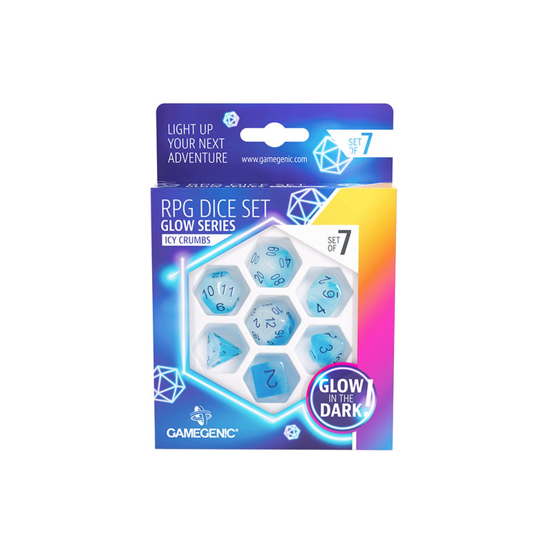 Glow Series ICY Crumbs RPG Dice Set | Set of 7 Glow-in-The-Dark Dice in a Variety of Sizes Designed for Roleplaying Games | Premium Quality Resin Dice | Vibrant Blue Color | Made by Gamegenic