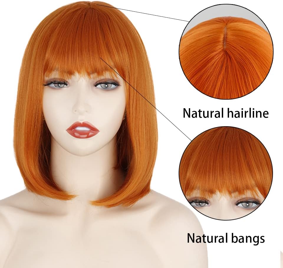 Parrucche Short Bob Wig con frangia per le donne Synthetic Bob Parrucche Arancia Nero Parrucca Rosa per Festa Uso Quotidiano Lunghezza della Spalla (Colore: P4/27, Lunghezza Stretched Length : 12in) 1