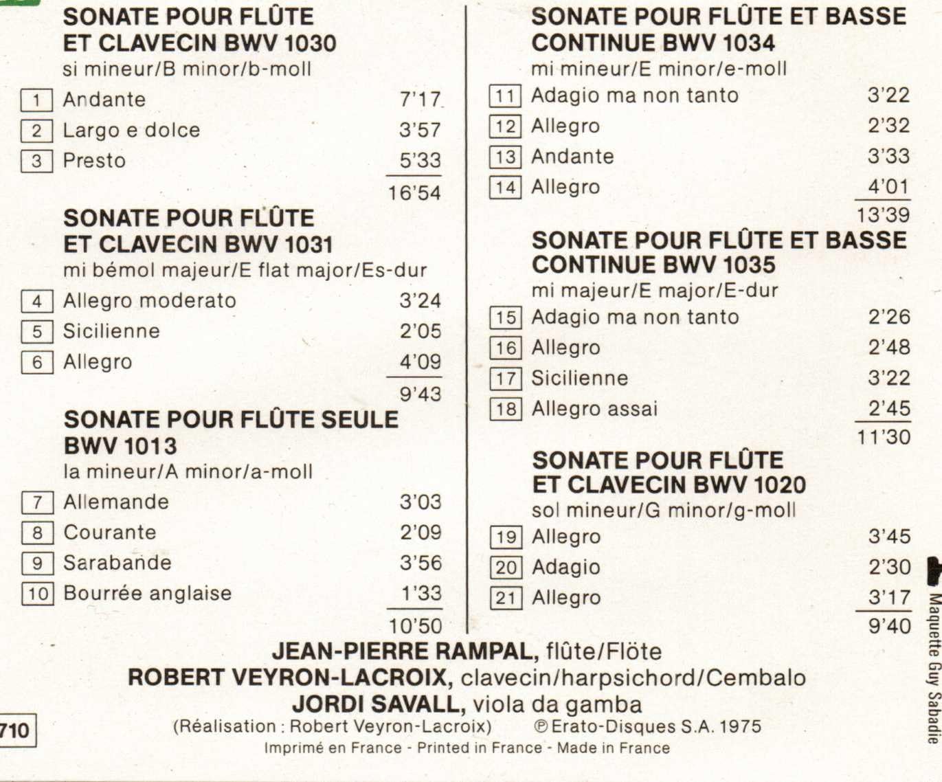 Bach: Sonates Pour Flute et Basse Continue